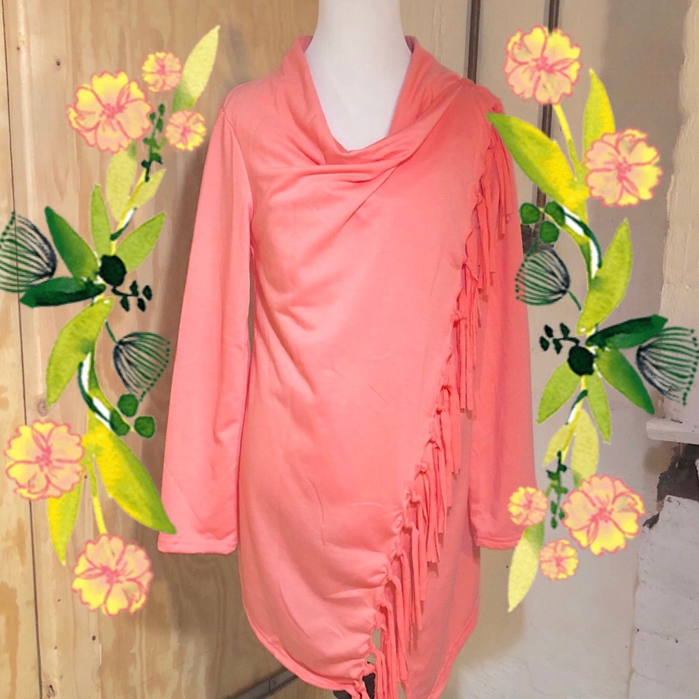 NWOT Coral Fringed Poncho with Button Closure